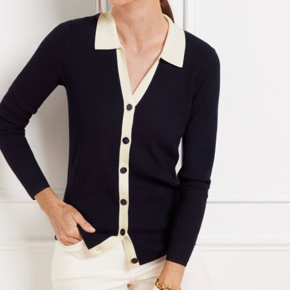 Talbots NWT Navy and Cream Button-Down Cardigan Ribbed Knit Preppy Academia M